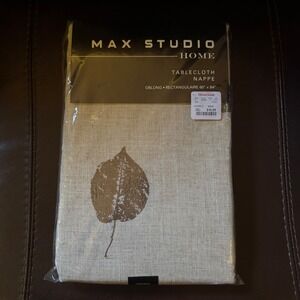 Max Studio Home Tablecloth 60x84 Oblong Linen Blend Brown Leaf Print Neutral NEW